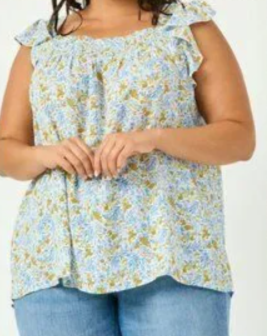 Gina Plus Blue Floral Flutter Sleeve Smocked Top 1X-3X