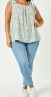 Gina Plus Blue Floral Flutter Sleeve Smocked Top 1X-3X