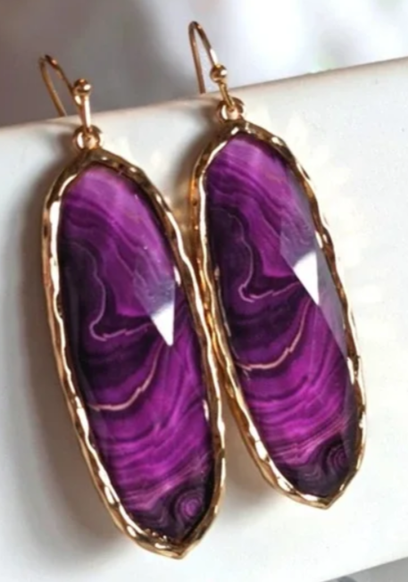 Sharyl Purple Agate Look Large Oval Drop Earrings with Gold Tone Hardware