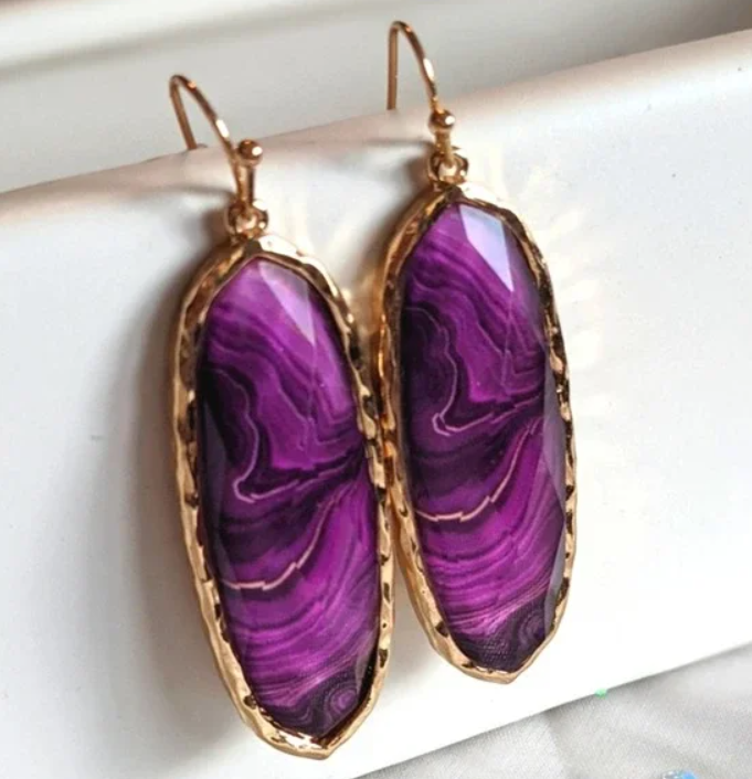Sharyl Purple Agate Look Large Oval Drop Earrings with Gold Tone Hardware
