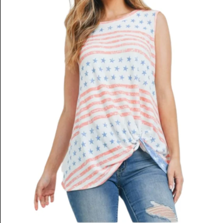 Liberty Americana Patriotic Stars and Stripes Front Knot Sleeveless Oversized Tank S-XL