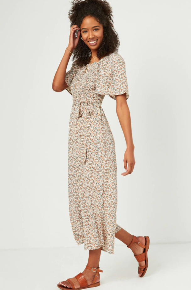 Madison Misses Floral Smocked Square Neck Palazzo Jumpsuit with Tie Belt S-L