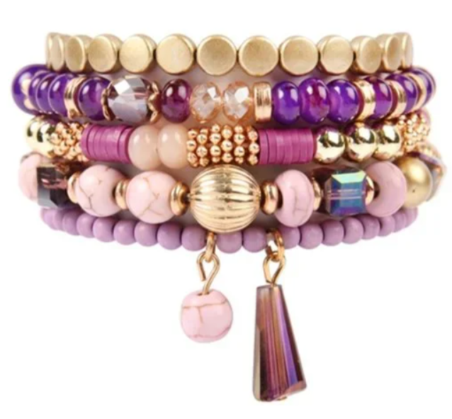 Shilpa Purple Pink and Goldtone Stacking Stretchy Bracelets with Sparkle and Gem Tassel 5 Pieces