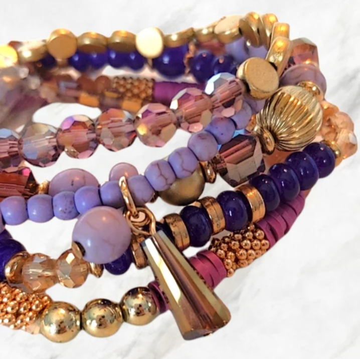 Shilpa Purple Pink and Goldtone Stacking Stretchy Bracelets with Sparkle and Gem Tassel 5 Pieces