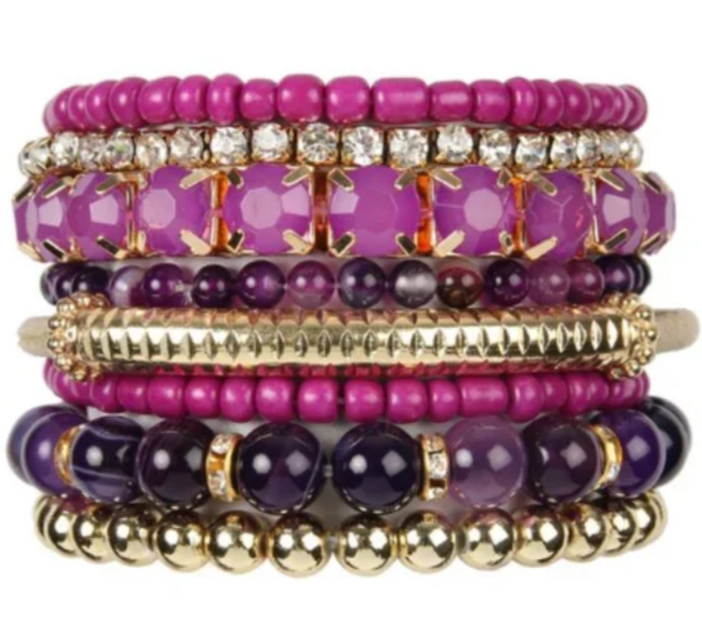 Simone Purple and Goldtone Sparkle Stretchy Stacking Bracelets 8 Pieces