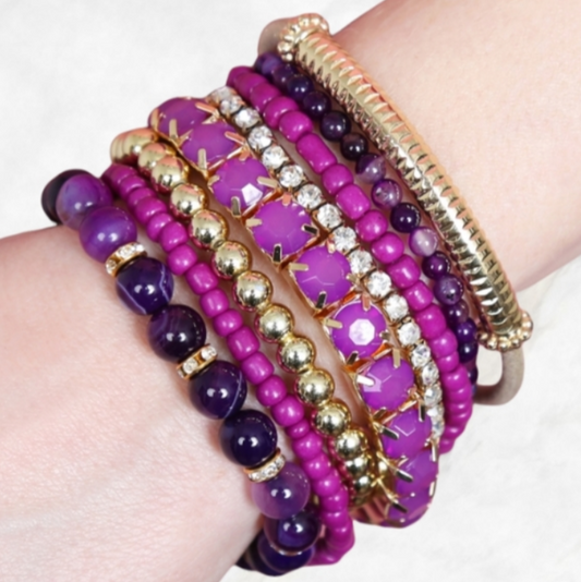 Simone Purple and Goldtone Sparkle Stretchy Stacking Bracelets 8 Pieces