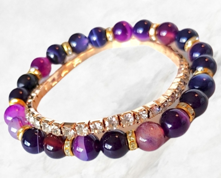 Simone Purple and Goldtone Sparkle Stretchy Stacking Bracelets 8 Pieces