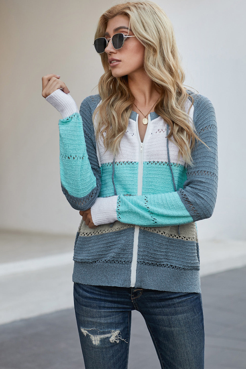 Zip-Up Raglan Sleeve Openwork Hooded Cardigan S-2XL