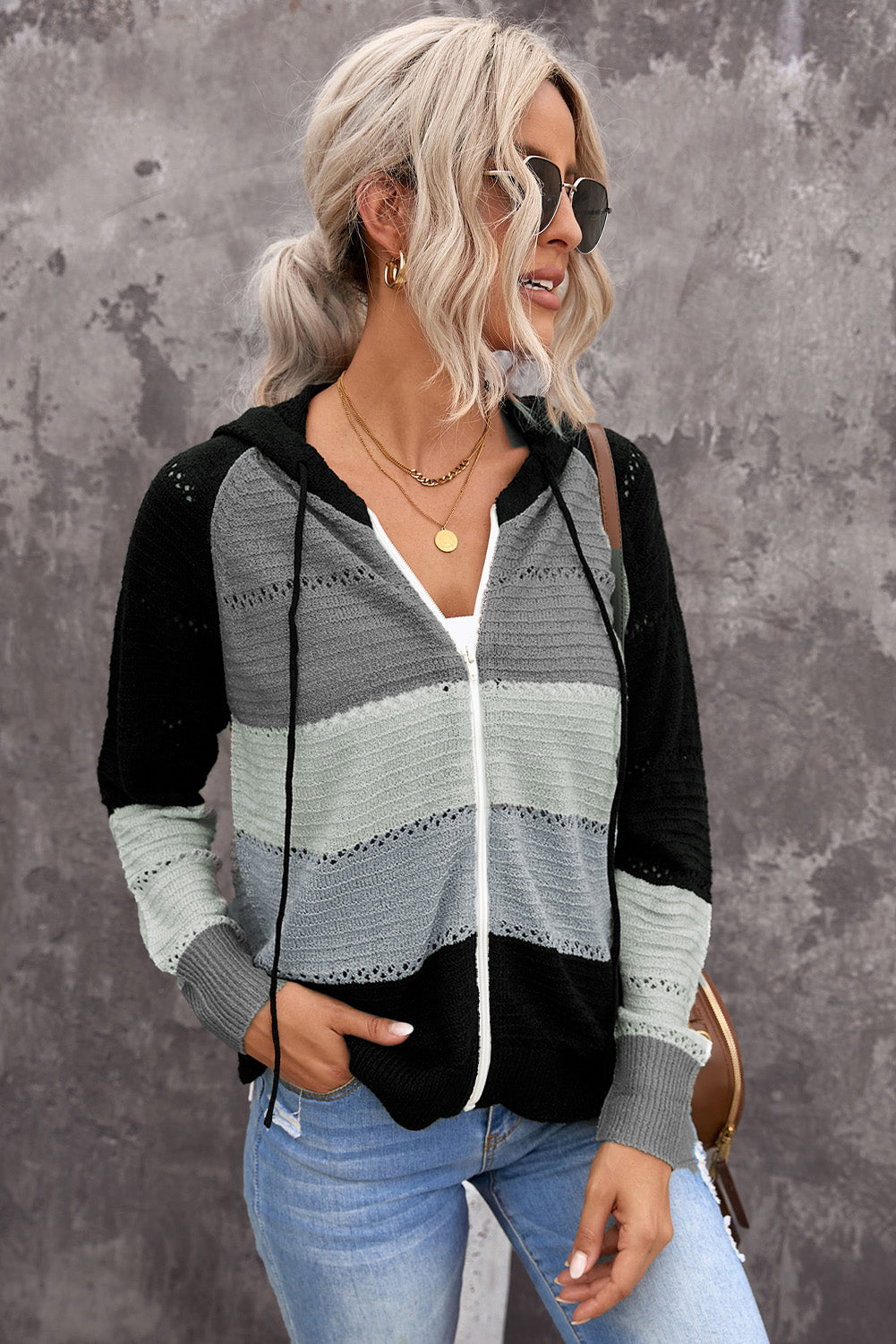 Zip-Up Raglan Sleeve Openwork Hooded Cardigan S-2XL