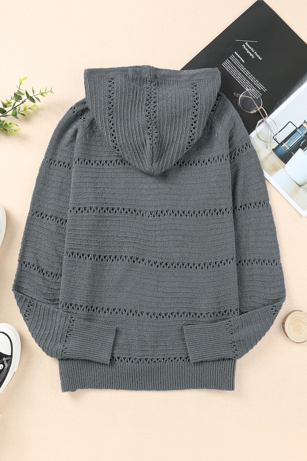 Zip-Up Raglan Sleeve Openwork Hooded Cardigan S-2XL