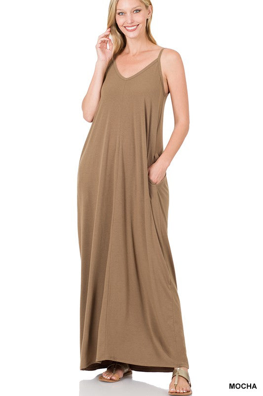 V-NECK CAMI MAXI DRESS WITH SIDE POCKETS