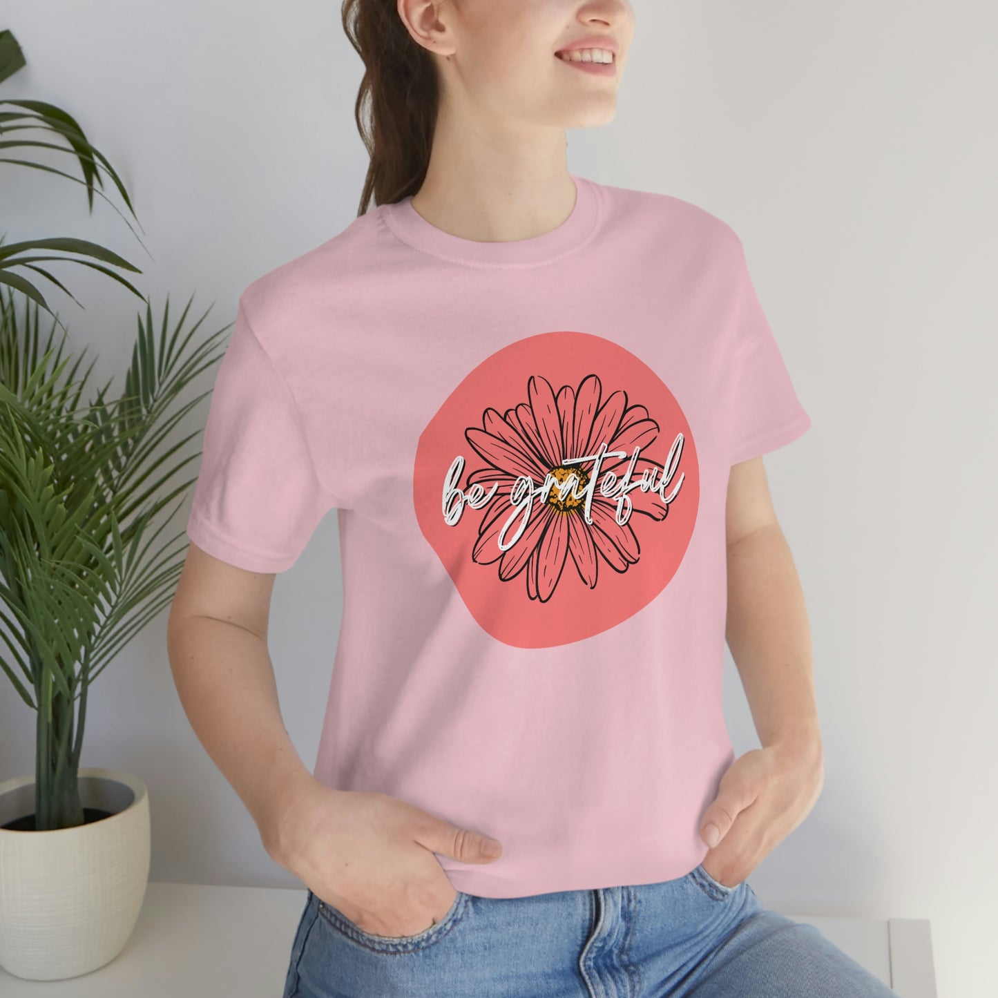 Be Grateful Coral Daisy Floral Positive Message Unisex Jersey Short Sleeve Tee Small-3XL