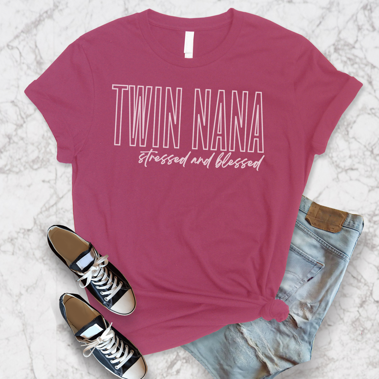 Twin Nana Stressed and Blessed White Block Hollow Letters Paint Style Script Unisex Jersey Short Sleeve Tee Small-3XL Multiples