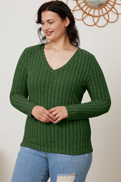 Basic Bae Stretchy Ribbed V-Neck Long Sleeve Casual Top S-3XL