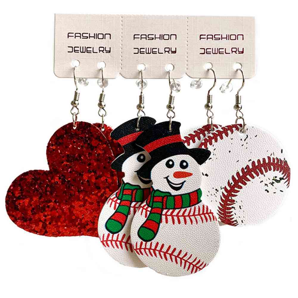 Winter and Sports Themed Snowman, Ball, and Heart Faux Leather Earrings Sets of 3 Pairs