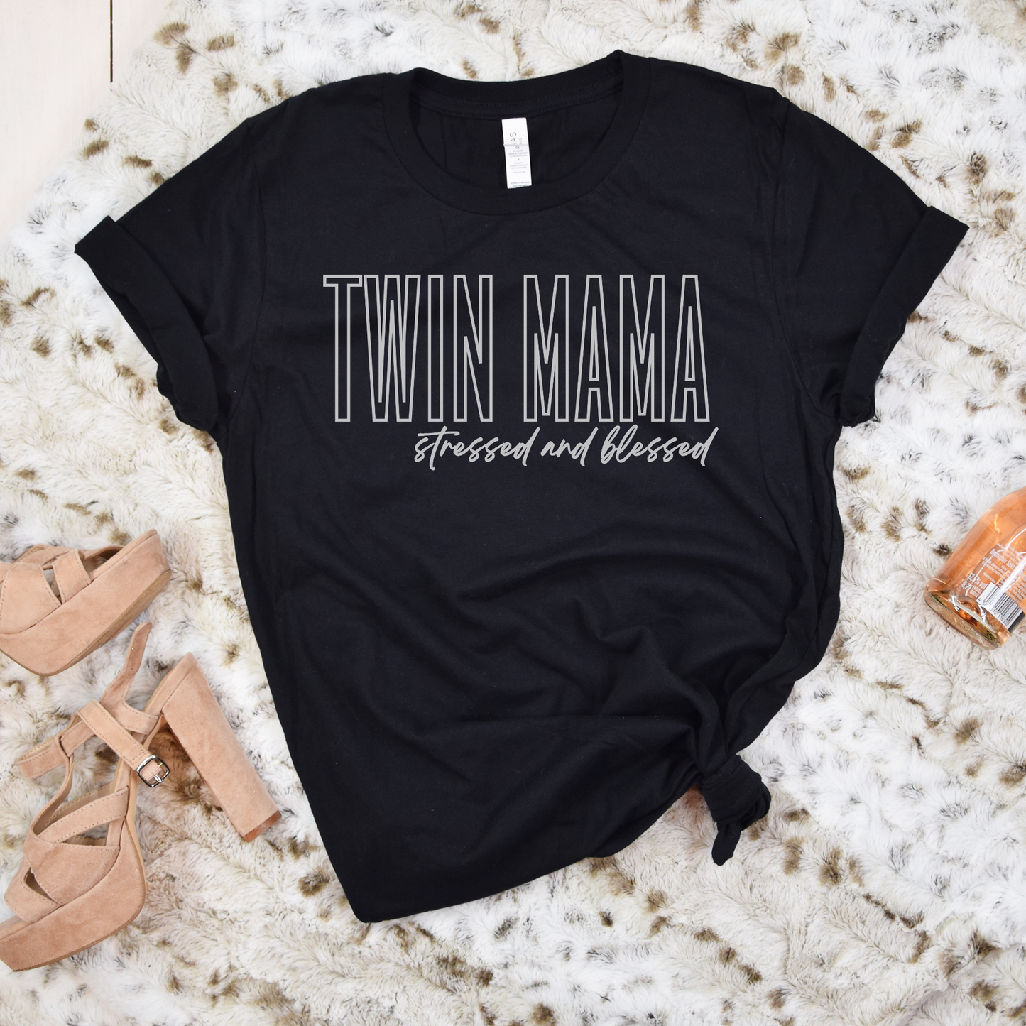 Twin Mama Stressed and Blessed White Block Hollow Letters Paint Style Script Unisex Jersey Short Sleeve Tee Small-3XL Mother of Multiples