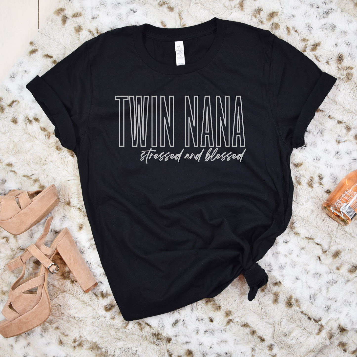 Twin Nana Stressed and Blessed White Block Hollow Letters Paint Style Script Unisex Jersey Short Sleeve Tee Small-3XL Multiples