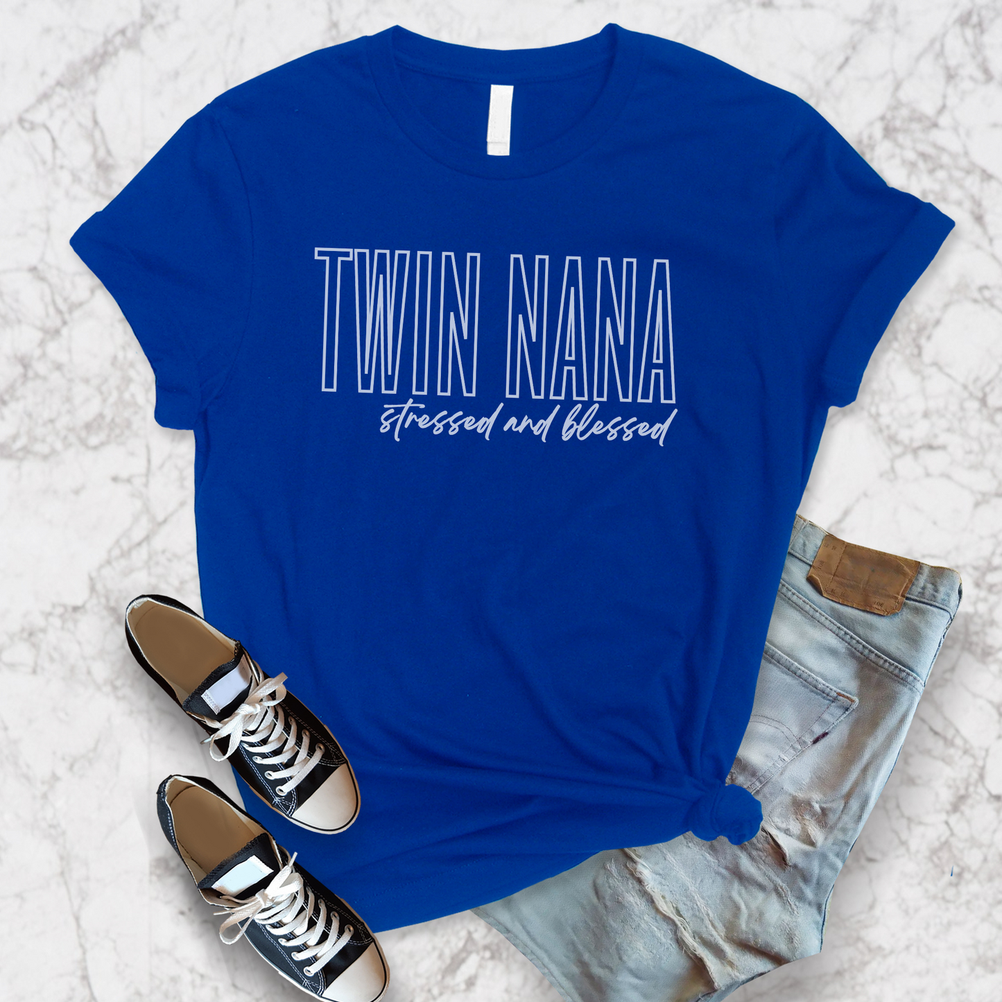 Twin Nana Stressed and Blessed White Block Hollow Letters Paint Style Script Unisex Jersey Short Sleeve Tee Small-3XL Multiples