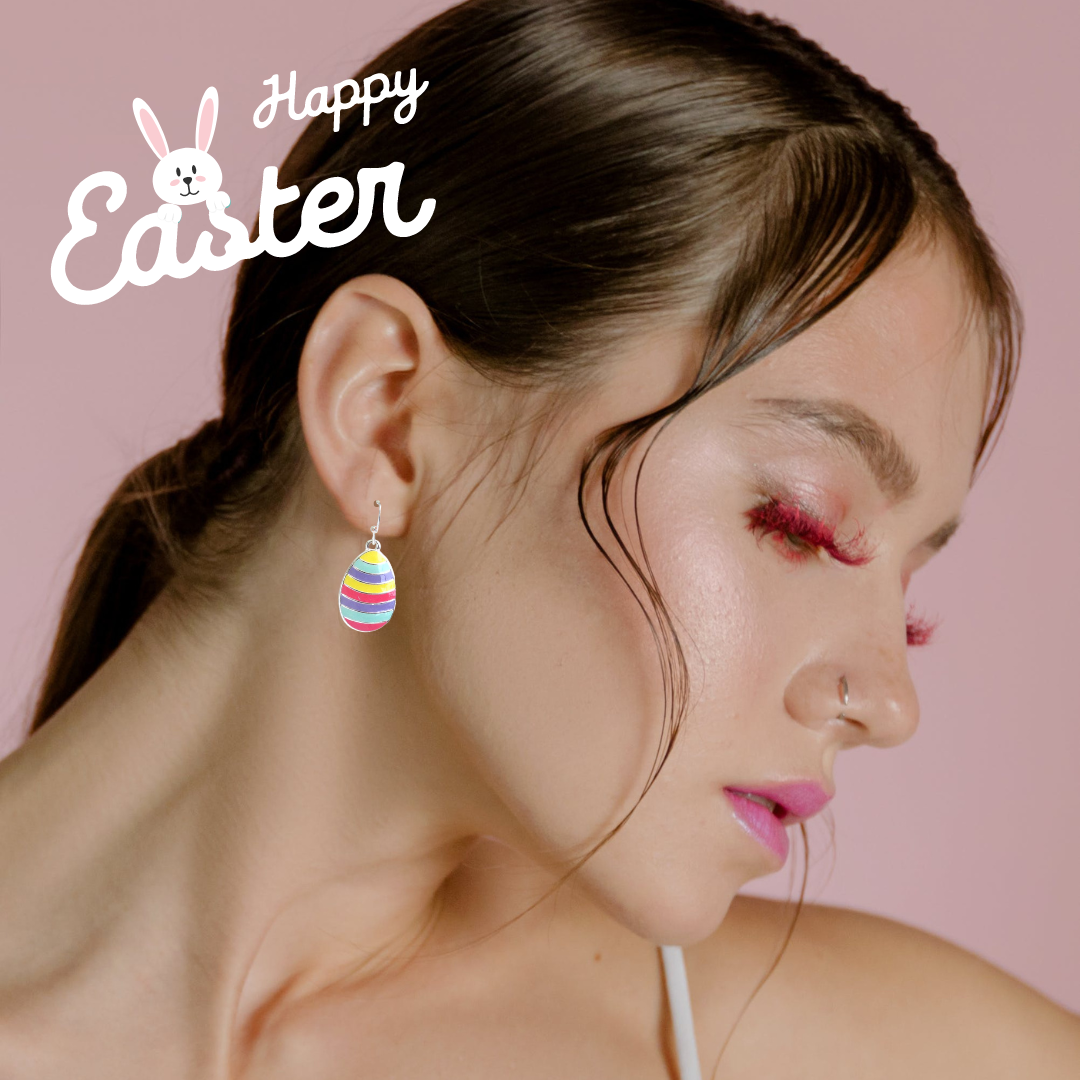Easter Egg Brightly Striped Hook Style Earrings with Silver Hardware
