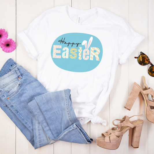 Happy Easter Decorated Letters with Bunny Ears Spring Unisex Jersey Short Sleeve Tee Small-3XL