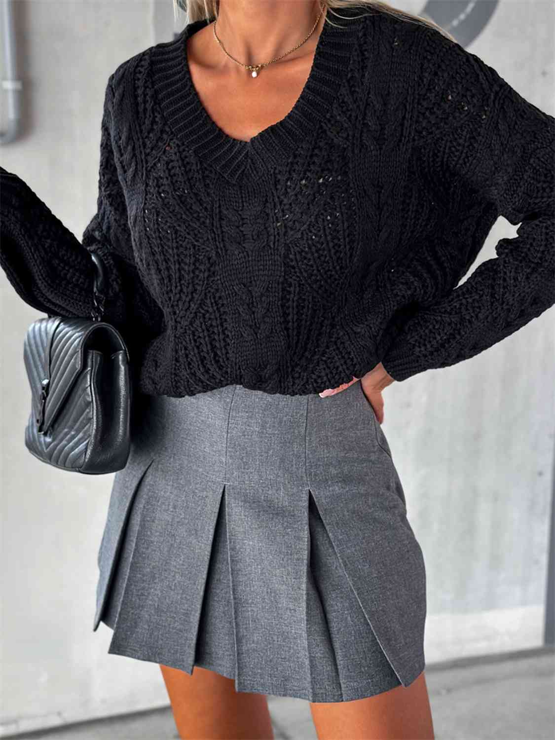 V-Neck Cable-Knit Long Sleeve Sweater