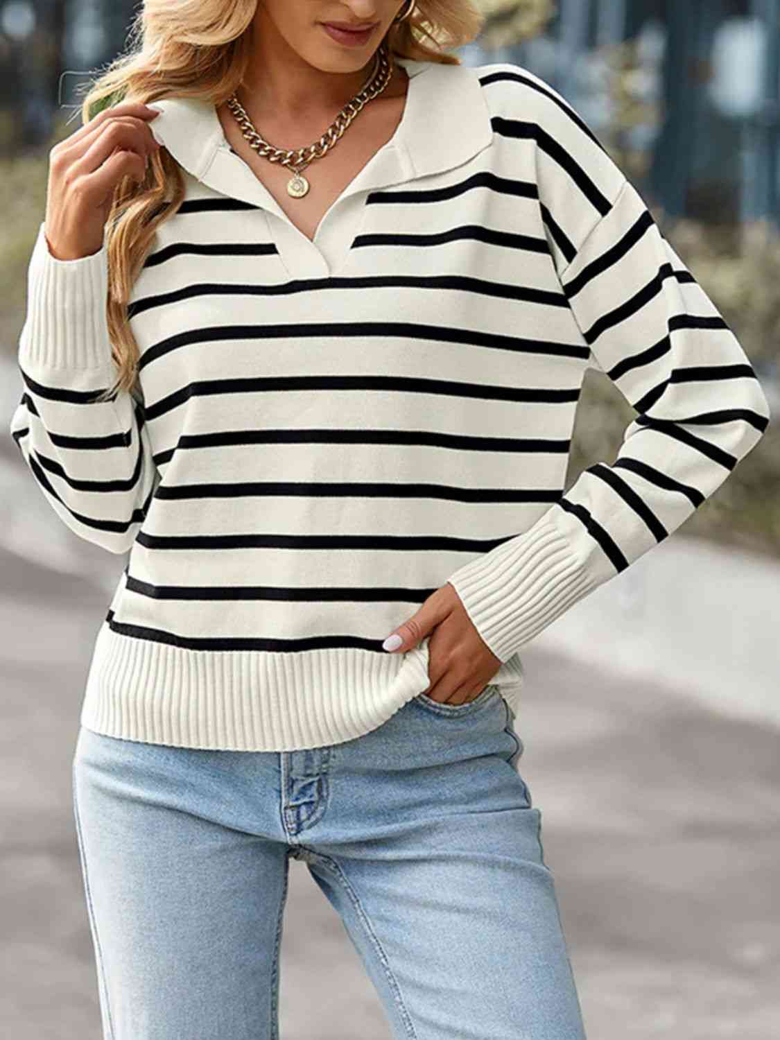 Ivy League Striped Collared Neck Knit Top