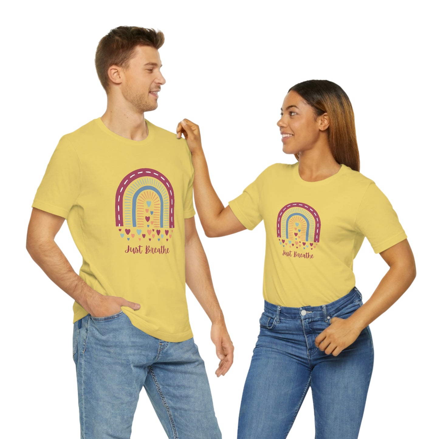 Just Breathe Rainbow Hearts Unisex Jersey Tee S-3XL