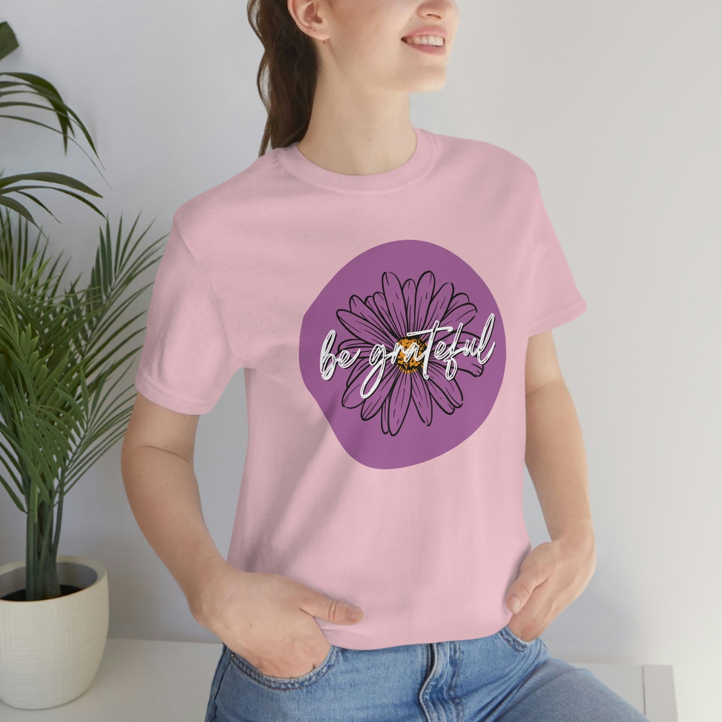 Be Grateful Purple Daisy Floral Positive Message Unisex Jersey Short Sleeve Tee Small-3XL