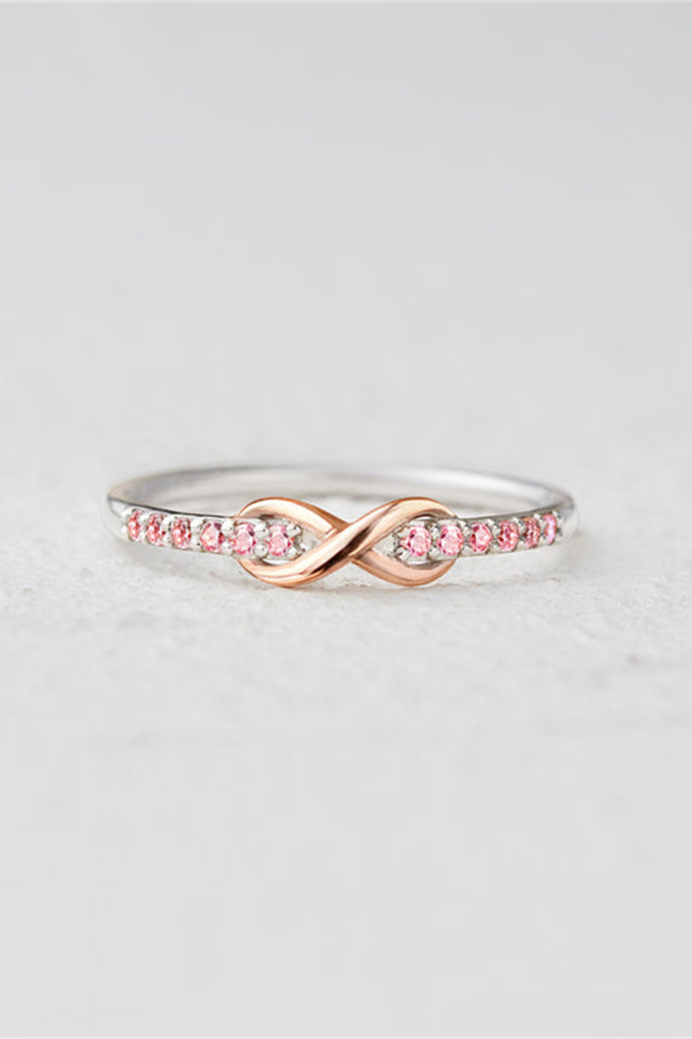 Infinity Pink Zircon Crisscross Two Tone Sterling Silver and Rose Gold Ring