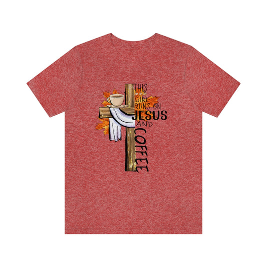 This Girl Runs on Jesus and Coffee Fall Unisex Jersey Short Sleeve Tee S-3XL