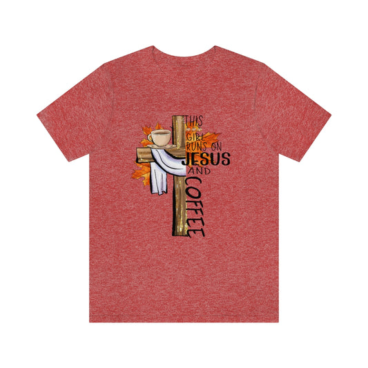 This Girl Runs on Jesus and Coffee Fall Unisex Jersey Short Sleeve Tee S-3XL