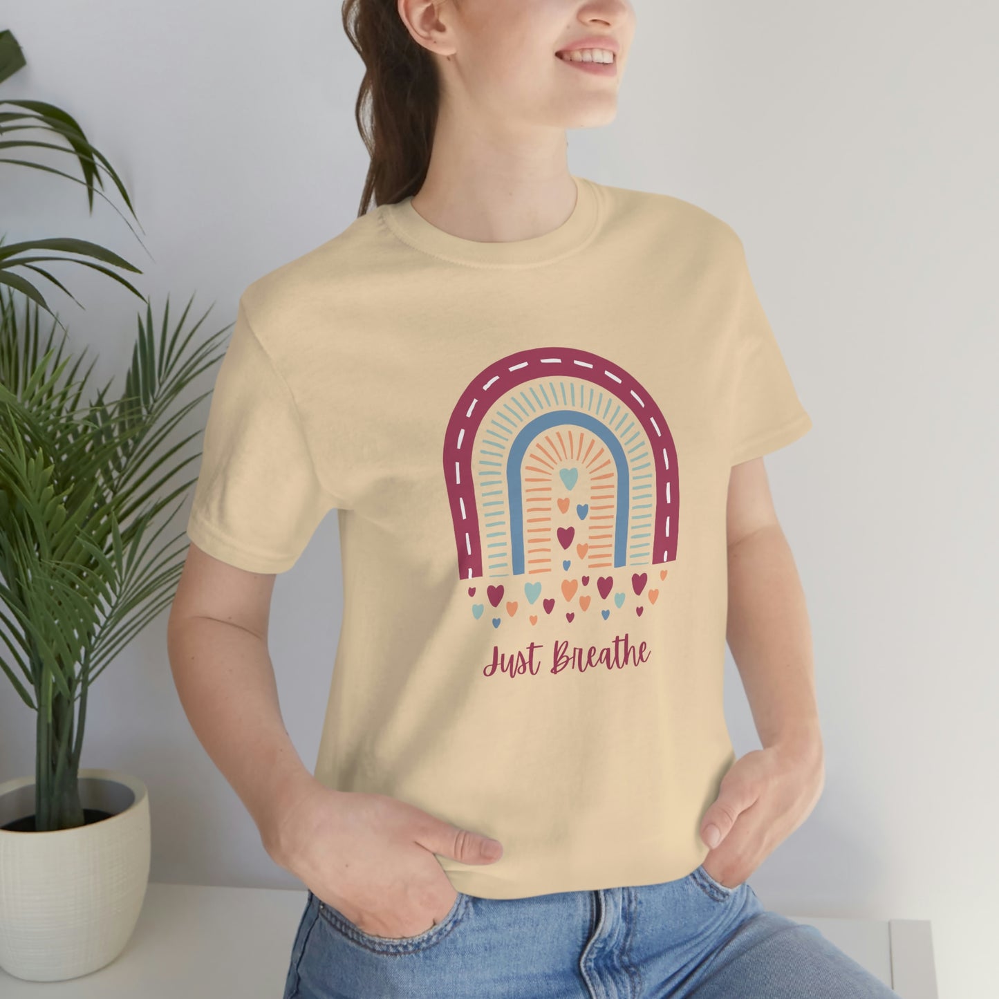 Just Breathe Rainbow Hearts Unisex Jersey Tee S-3XL