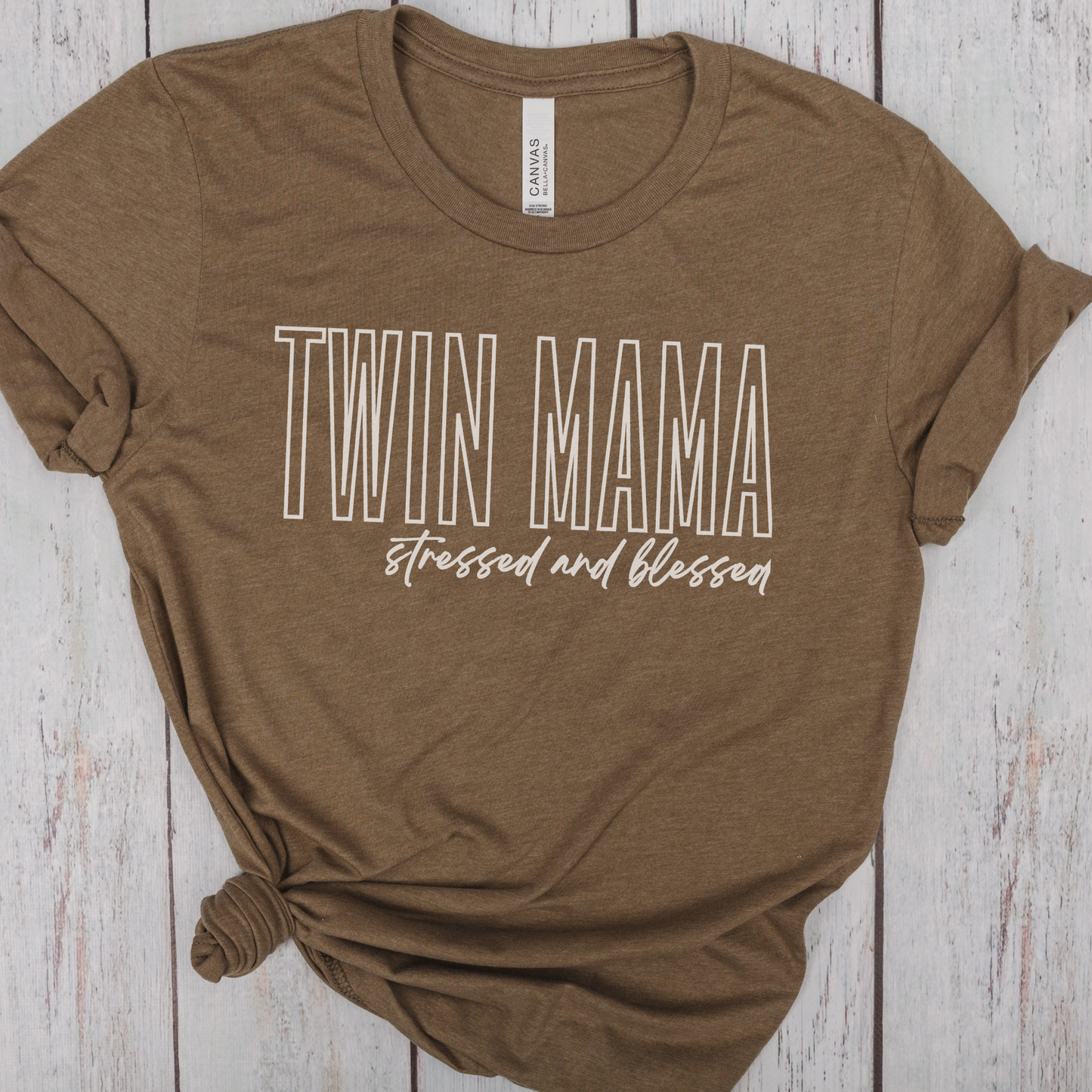 Twin Mama Stressed and Blessed White Block Hollow Letters Paint Style Script Unisex Jersey Short Sleeve Tee Small-3XL Mother of Multiples