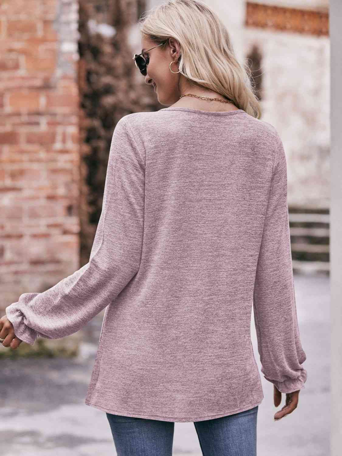 Double Take Long Flounce Sleeve Round Neck Blouse