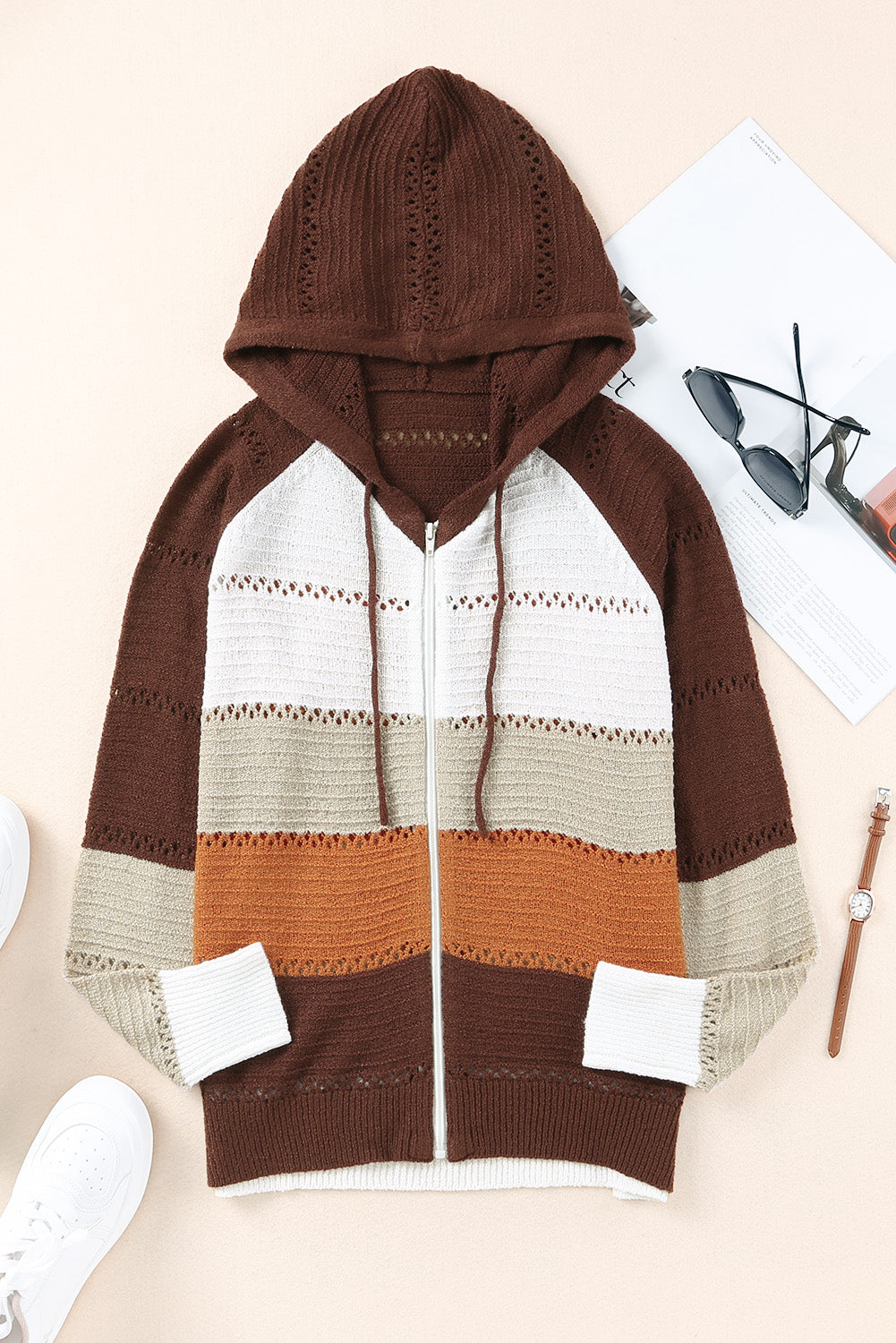 Zip-Up Raglan Sleeve Openwork Hooded Cardigan S-2XL
