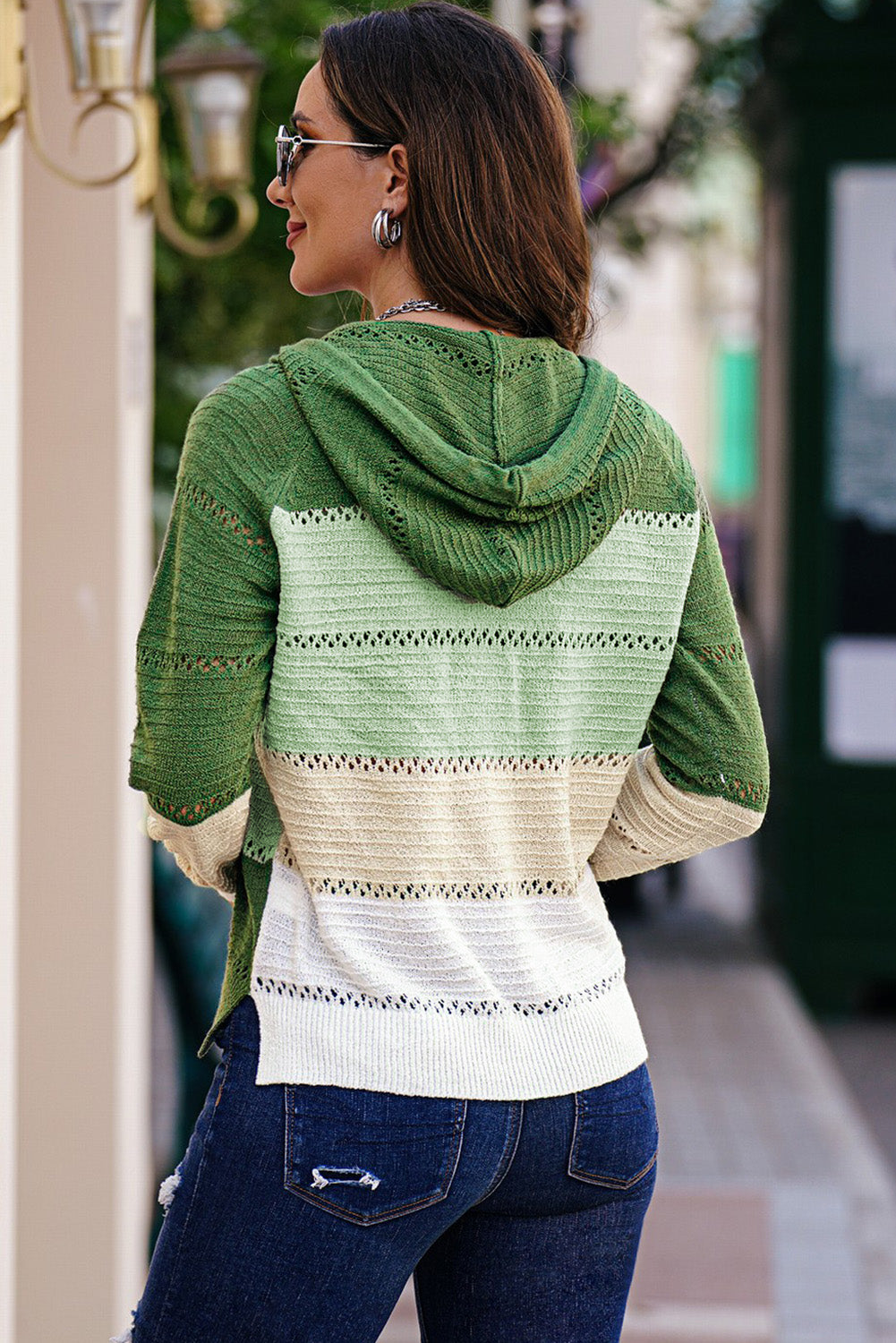 Zip-Up Raglan Sleeve Openwork Hooded Cardigan S-2XL