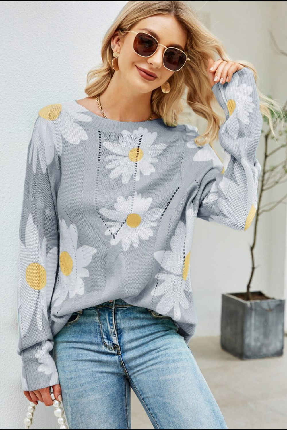 Spring Daisy Print Openwork Round Neck Sweater S-XL