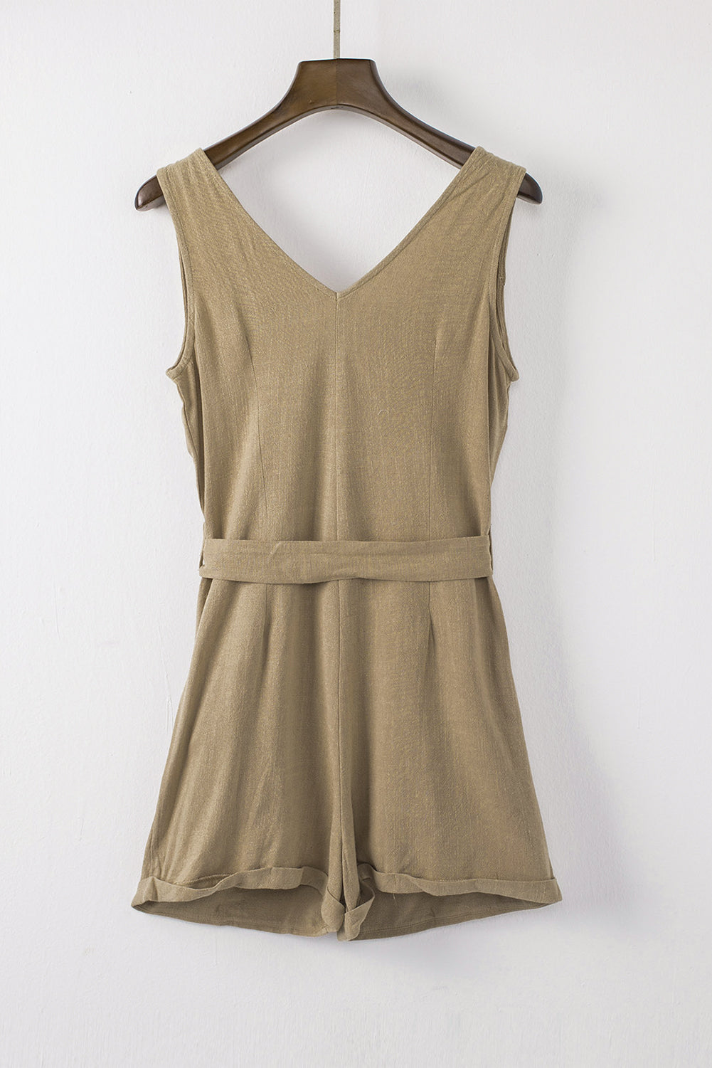 Sophisticated Safari Tie-Waist Buttoned Plunge Sleeveless Romper Small-2XL