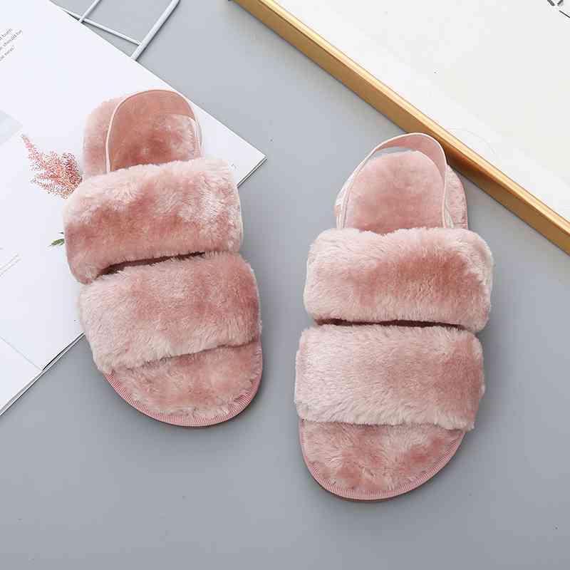 Faux Fur Double Strap Open Toe Slippers Size 5-12