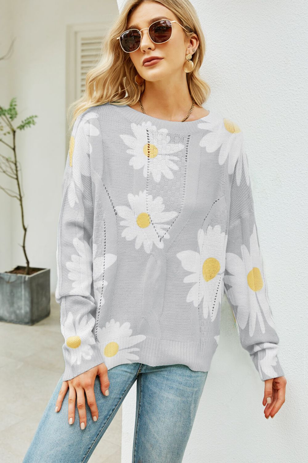 Spring Daisy Print Openwork Round Neck Sweater S-XL