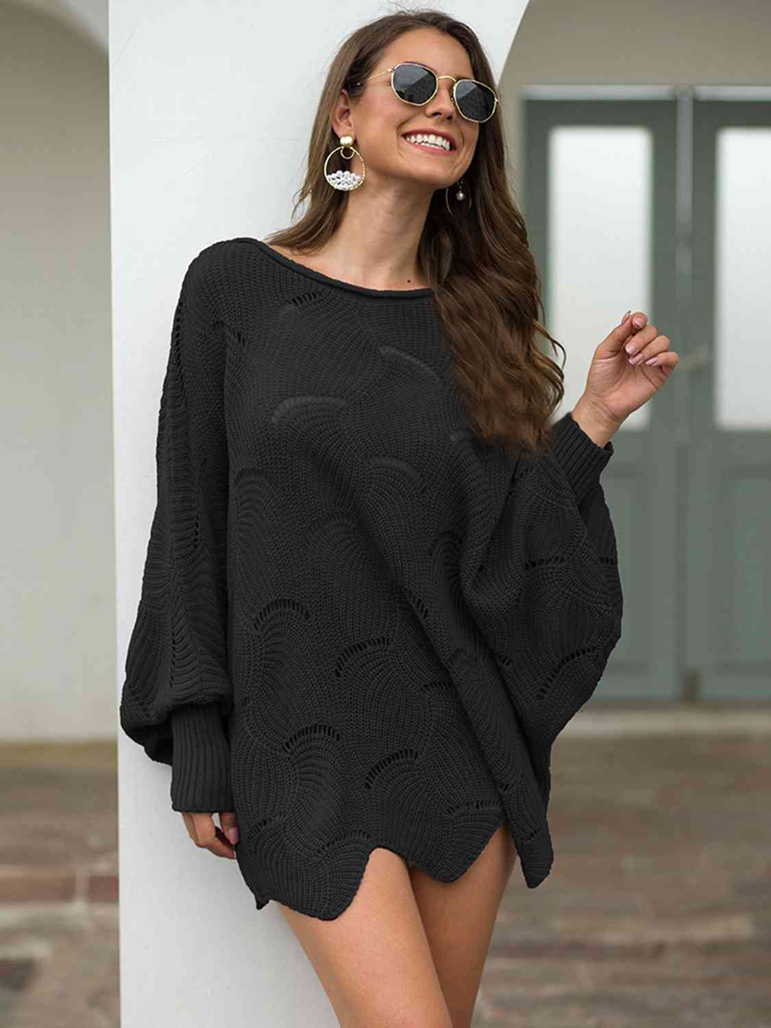 Trudy Boat Neck Lantern Sleeve Openwork Knit Top