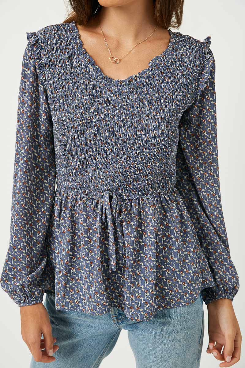 LAURA Blue Floral Smocked Ruffle Blouse Small-Large