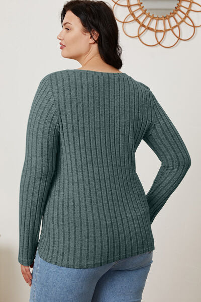 Basic Bae Stretchy Ribbed V-Neck Long Sleeve Casual Top S-3XL