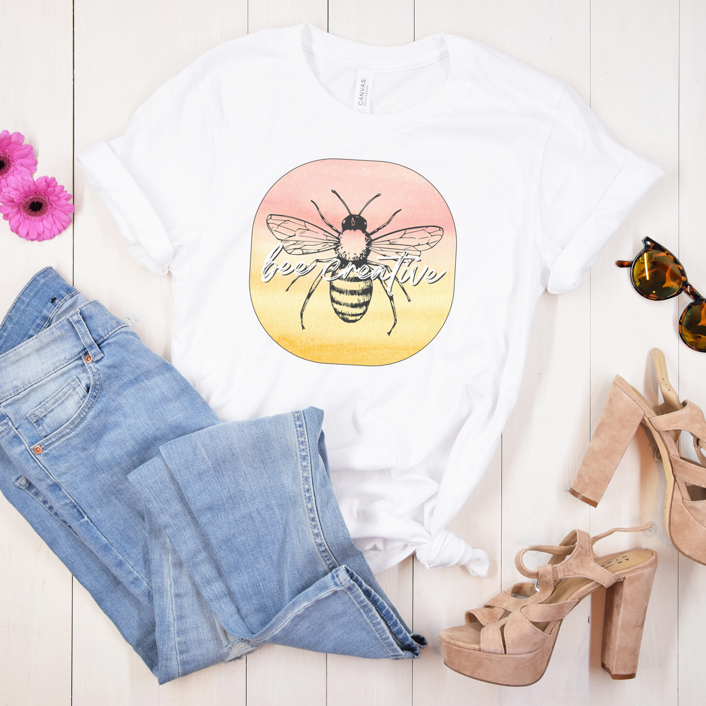 Bee Creative Orange Yellow Ombre Watercolor Background Makers Artists Crafters Unisex Jersey Short Sleeve Tee Small-3XL