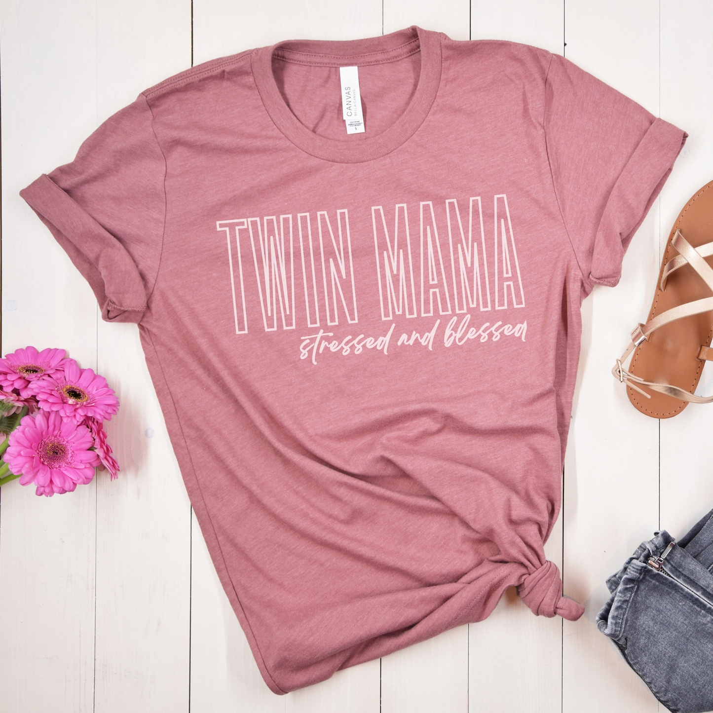 Twin Mama Stressed and Blessed White Block Hollow Letters Paint Style Script Unisex Jersey Short Sleeve Tee Small-3XL Mother of Multiples