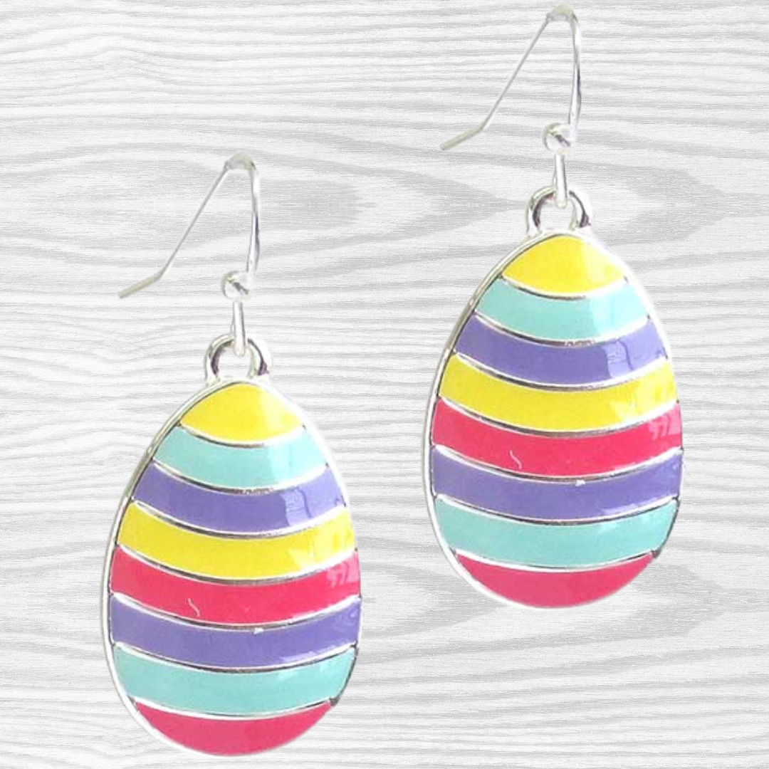 Easter Egg Brightly Striped Hook Style Earrings with Silver Hardware