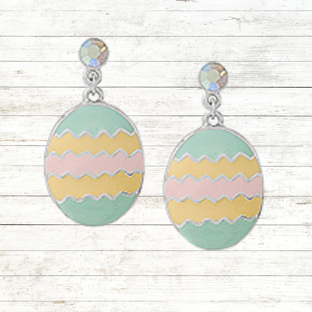 Easter Egg Pastel Stripe Chevron Decorated Egg Drop Earrings with Crystals