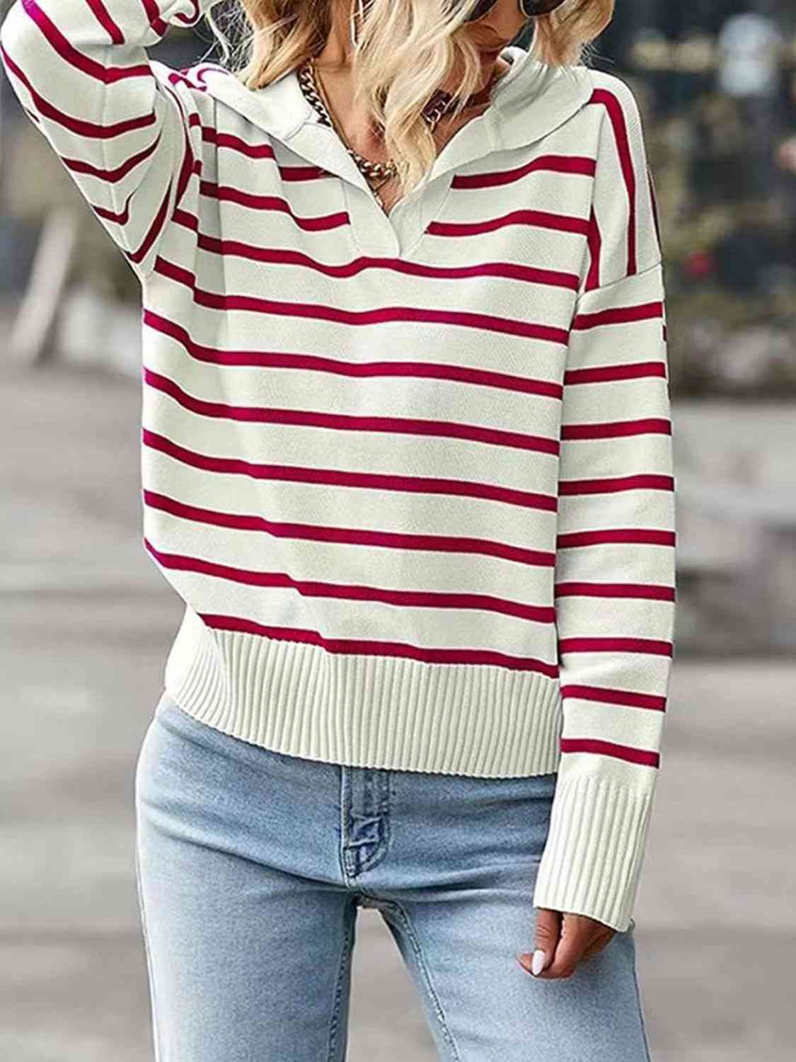 Ivy League Striped Collared Neck Knit Top