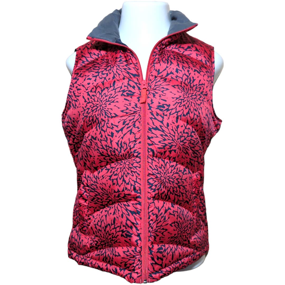 LANDS END Coral Navy Floral Down Feather Puffer Vest Small