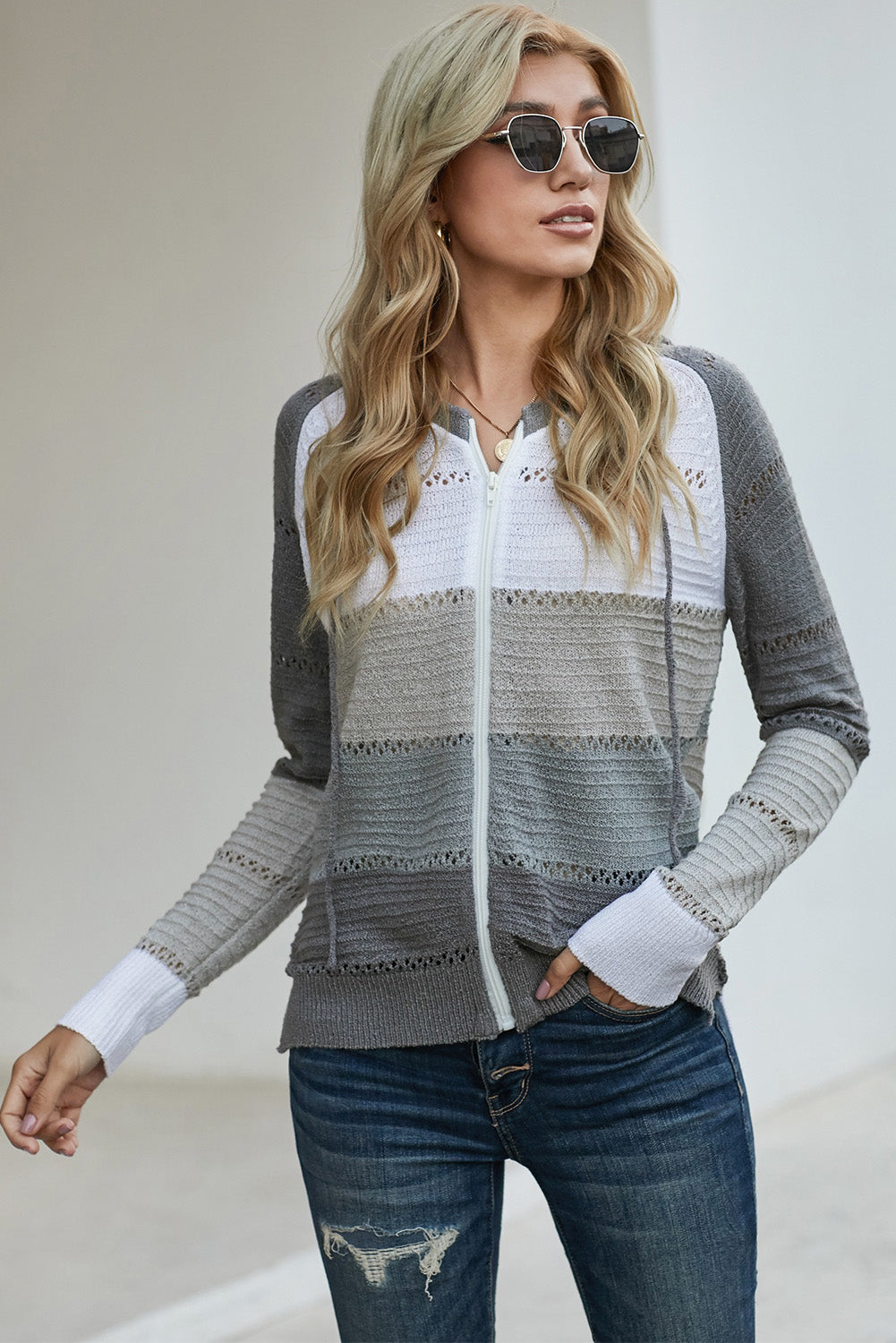 Zip-Up Raglan Sleeve Openwork Hooded Cardigan S-2XL